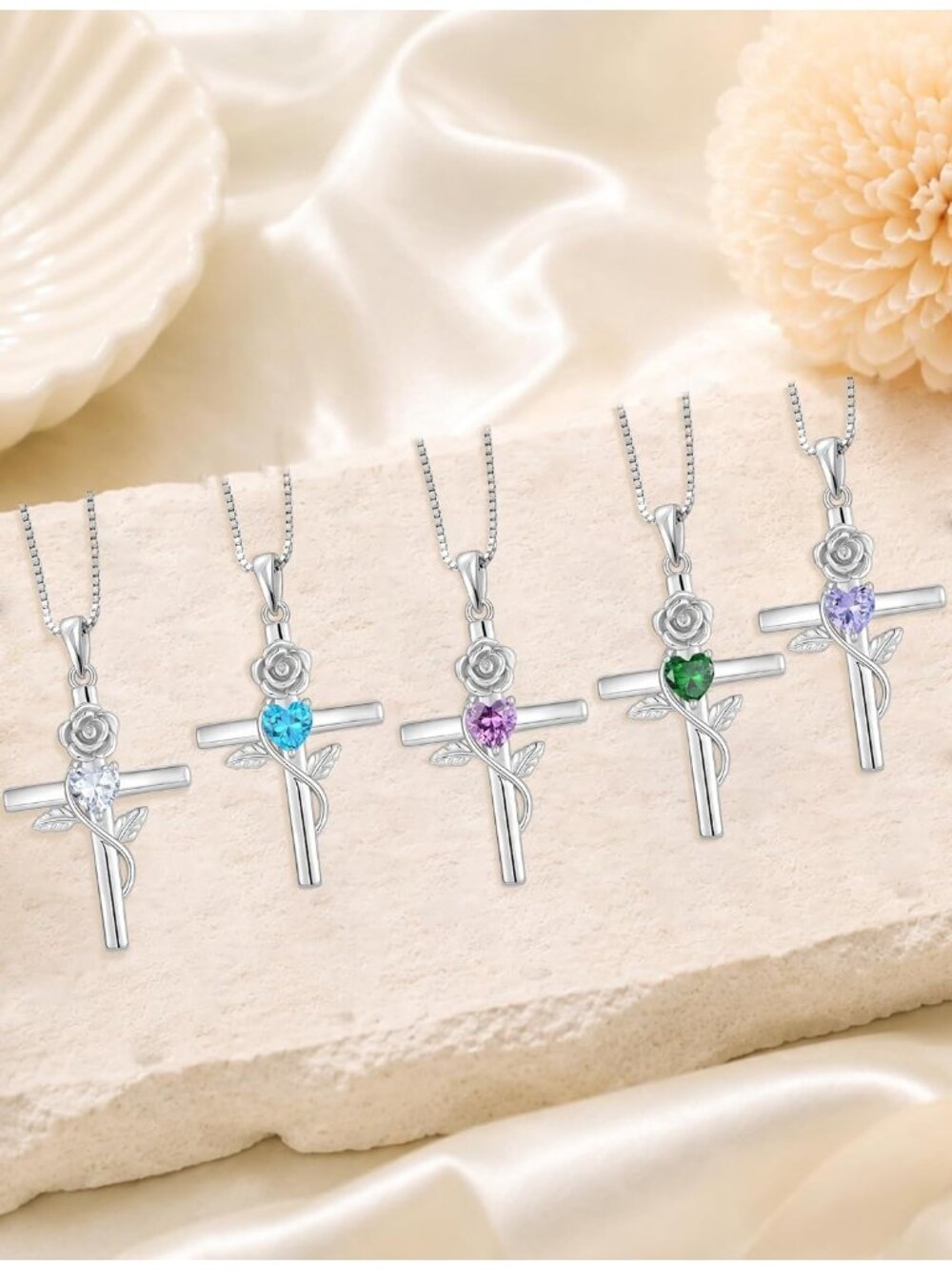 Women’s Purple Sterling Silver Crucifix Flower Cross Birthstone Necklace Jewelry - Picture 4 of 6